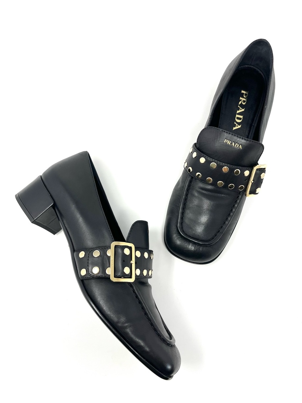 Prada Logo Black Leather Gold Studded Buckle Loafers Heels Shoes Chunky 39.5 9.5